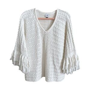 CABI Fringe Fiesta Poncho Sweater Top 5803 Off White Oversized Boho Cable Knit M